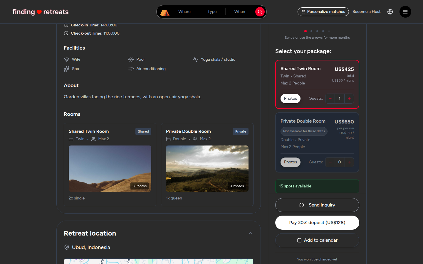 The booking box: date row, rooms and the Guests buttons (desktop)