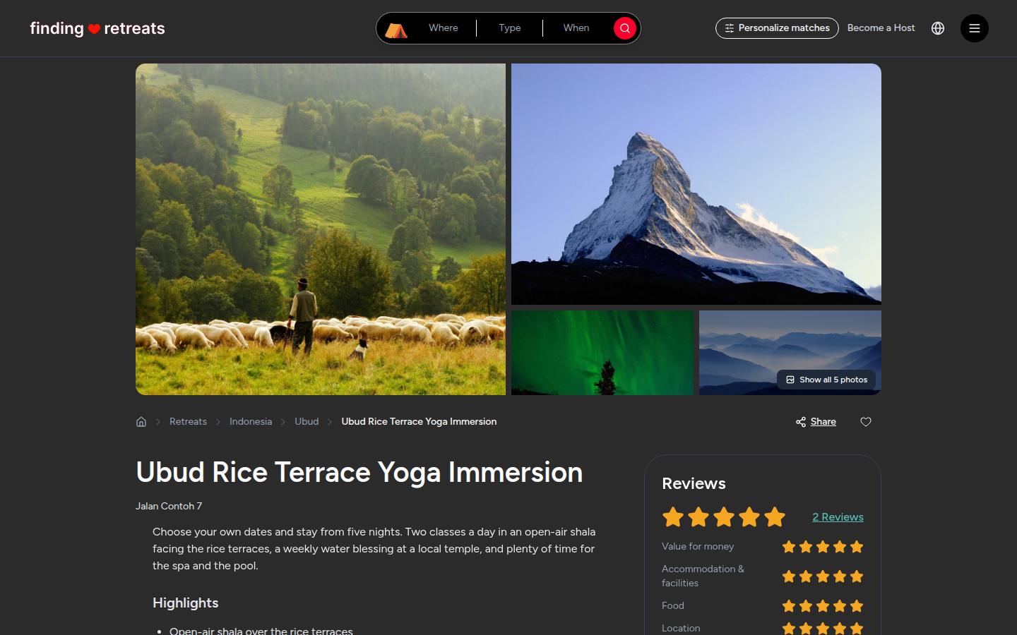 The top of a retreat page: photos, Share, Save and the title (desktop)