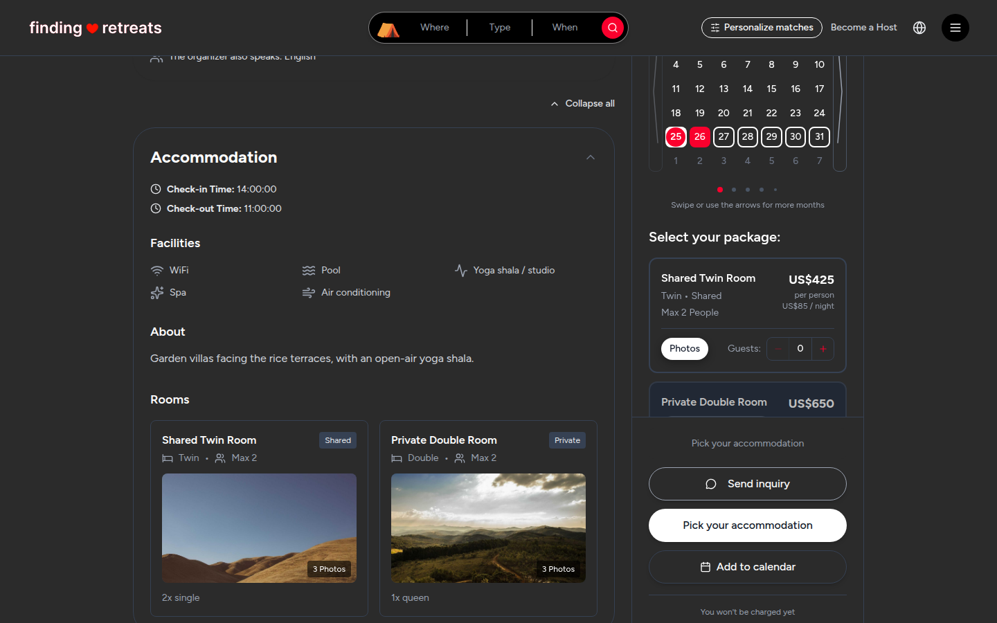 The detail boxes on a retreat page (desktop)