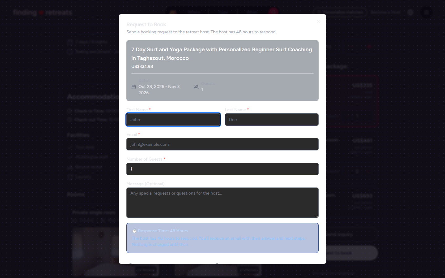 The Request to Book window (desktop)
