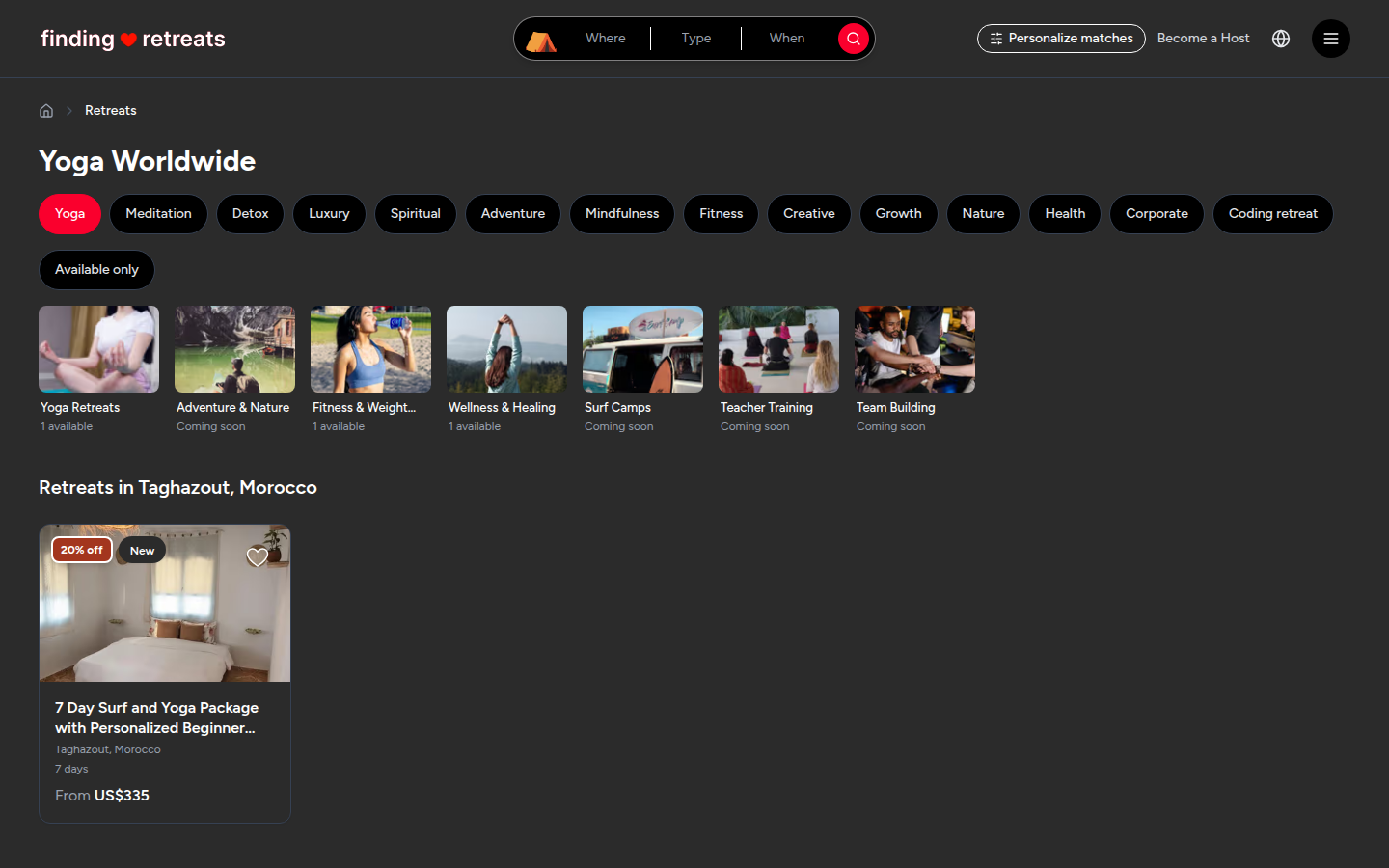 The retreat type buttons under the page heading (desktop)