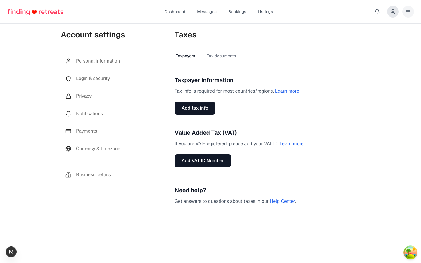 The tax information settings page